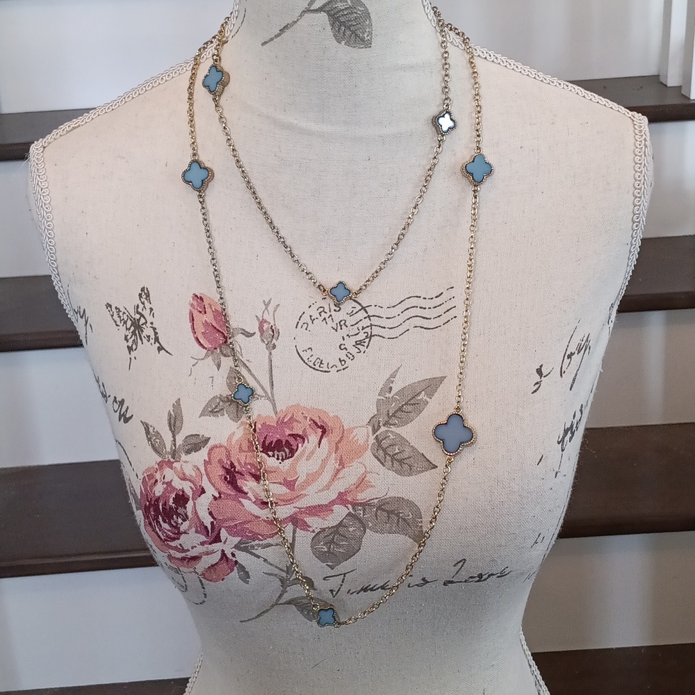 ^ Super Long Chain Necklace w Blue Clover Accents
